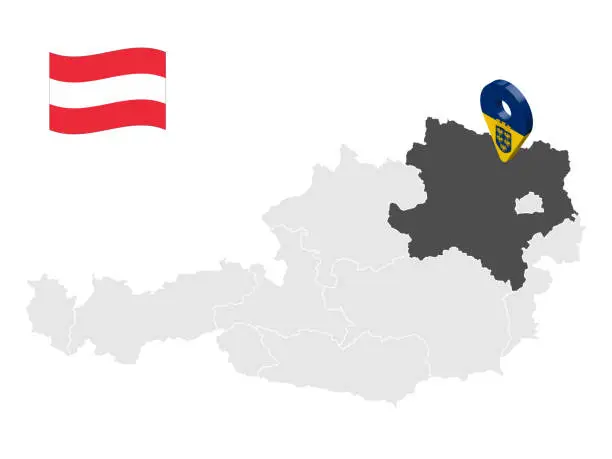 Vector illustration of Location of  Lower Austria map Austria. 3d location sign similar to the flag of Lower Austria. Quality map  with  states of  Austria for your design. EPS10.