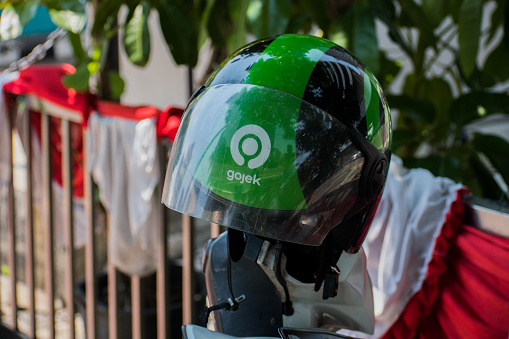 Jakarta, Indonesia - August 26, 2020: A Gojek's helmet.