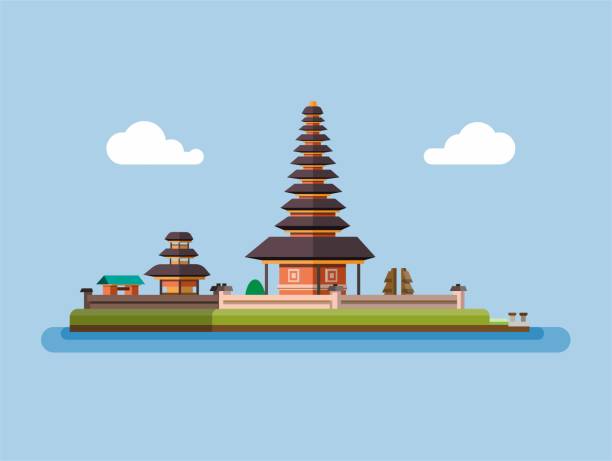 ilustrações, clipart, desenhos animados e ícones de ulun danu bratan temple bedugul famoso marco do conceito de ilustração de bali indonésia em vetor de ilustração plana de desenho animado - lake bratan area