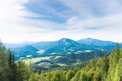 Ötscher, Gemeindealpe and lake Erlaufsee in Austria. Panorama view from Bürgeralpe to the mountains of the Ybbstal Alps in Lower Austria.