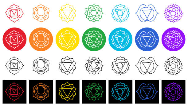 ilustraciones, imágenes clip art, dibujos animados e iconos de stock de chakras: muladhara, swadhisthana, manipura, anahata, vishuddha, ajna, sahasrara. símbolo de línea vectorial. signo de hombre. icono sagrado. meditación - vishuddha