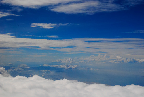 Aerial shot of blue sky with clouds. Clouds and sky from airplane window view