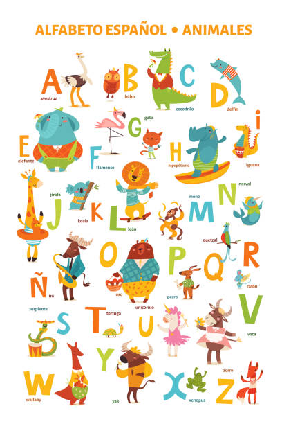 만화 동물이 있는 스페인어 알파벳 포스터 벡터 아트 일러스트