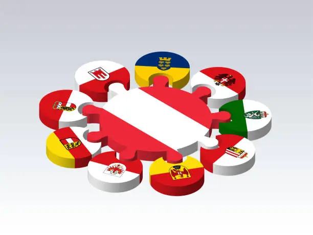 Vector illustration of Puzzle 3D from Austria flags on gray background. Austria Flags Puzzle isometry. Set of 3D puzzles with flags of nine lands Austria.  EPS10.