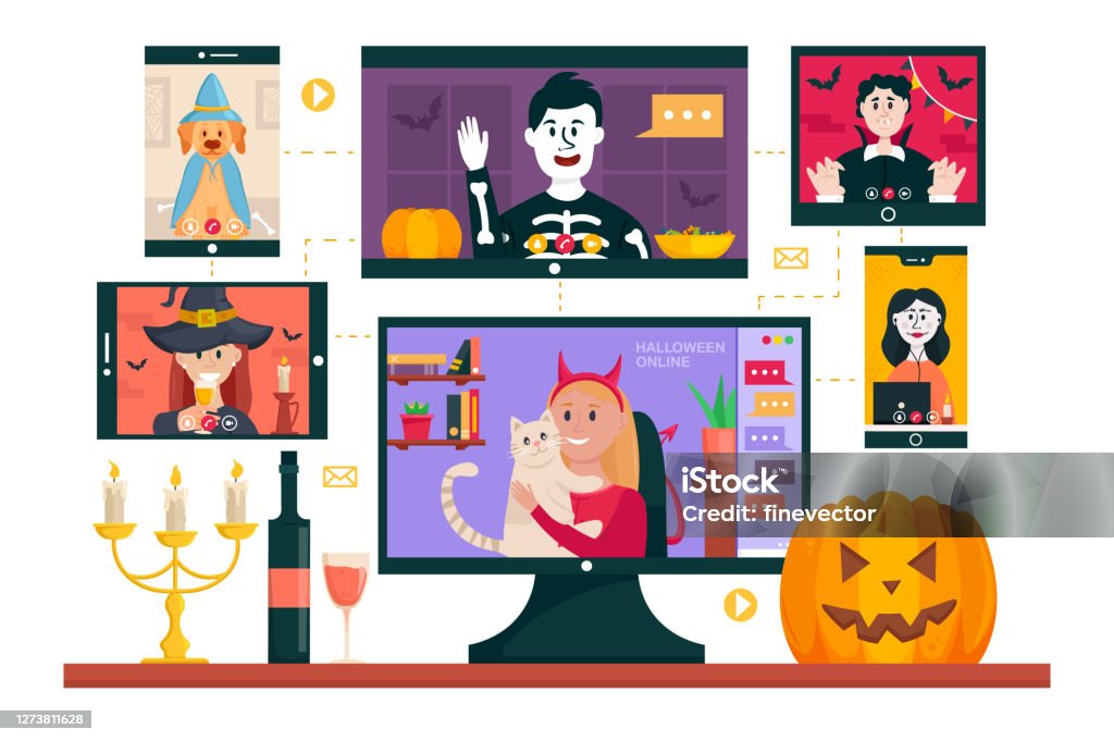 Halloween online party. People using video conference service for collective holiday virtual celebration, chatting and party online with friends from home. Halloween online party. People using video conference service for collective holiday virtual celebration, chatting and party online with friends from home. Vector illustration. Costume stock vector