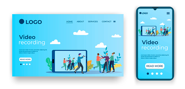 People and video.People are engaged in video shooting.Template for the user interface of the site's home page.Landing page template.The adaptive design of the smartphone.vector illustration.