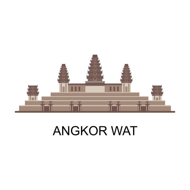 Panorama view cityscape of historical of Angkor Wat landmark in Cambodia. World famous monument. Good for vacation isolated on white background. Travel and tourist destination. Vector illustration Panorama view cityscape of historical of Angkor Wat landmark in Cambodia. World famous monument. Good for vacation isolated on white background. Travel and tourist destination. Vector illustration angkor wat stock illustrations