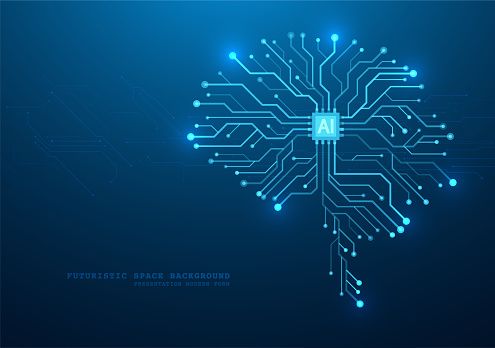 Technological brain and machine learning concept. Abstract circuit board. Digital innovation background