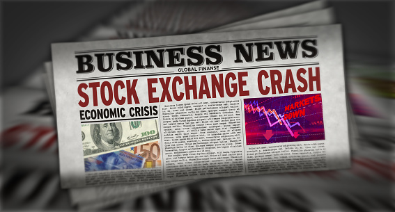 Stock exchange crash business news. Daily newspaper print. Vintage paper media press production abstract concept. Retro style 3d rendering illustration. Economic crisis and market collapse concept.