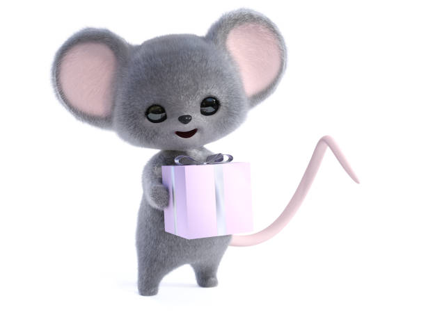 istock 3D rendering of a cute smiling mouse holding gift. 1273819185