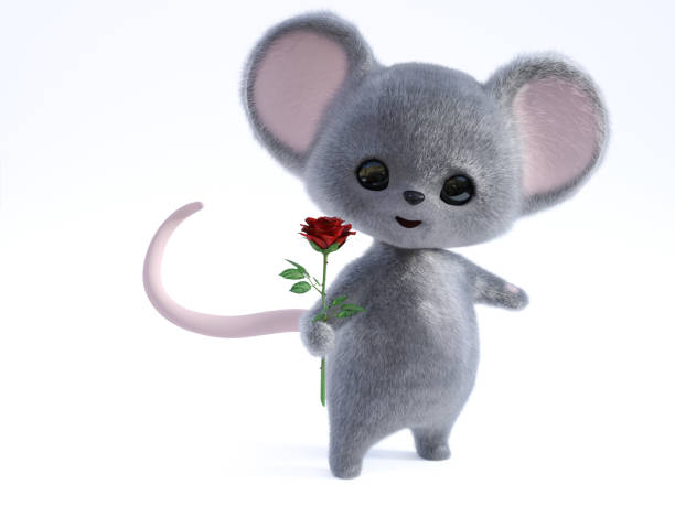 3D rendering of a cute smiling mouse holding rose.