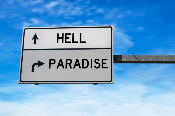 istock White road sign with words hell and paradise against blue sky background. 1273819391