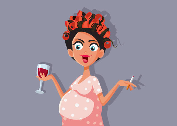 illustrazioni stock, clip art, cartoni animati e icone di tendenza di donna incinta che fuma una sigaretta e beve alcolici - abdomen addiction adult alcohol
