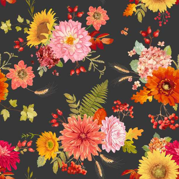 Autumn Watercolor Flowers Seamless Background Illustration Retro Floral  Vector Fall Thanksgiving Pattern For Holidays Fashion Fabric Textile  Wallpaper With Berries Hydrangea Sunflower Leaves Stock Illustration -  Download Image Now - iStock