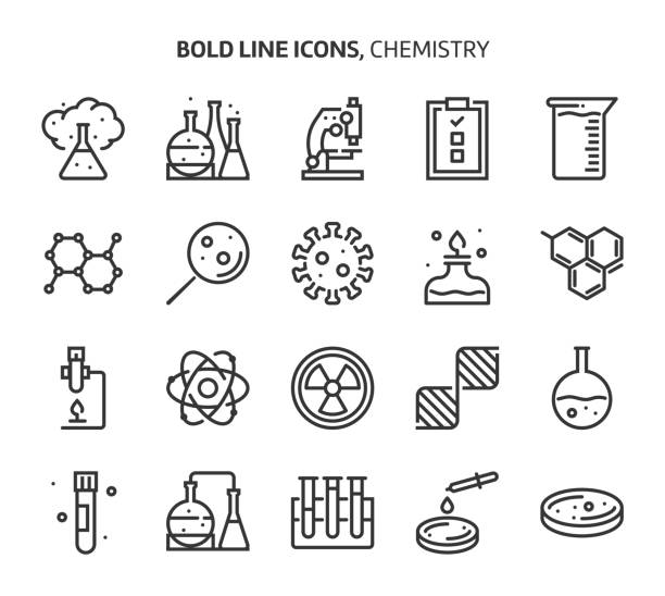 Chemistry, bold line icons Chemistry, bold line icons. The illustrations are a vector, editable stroke, 48x48 pixel perfect files. Crafted with precision and eye for quality. laboratory stock illustrations