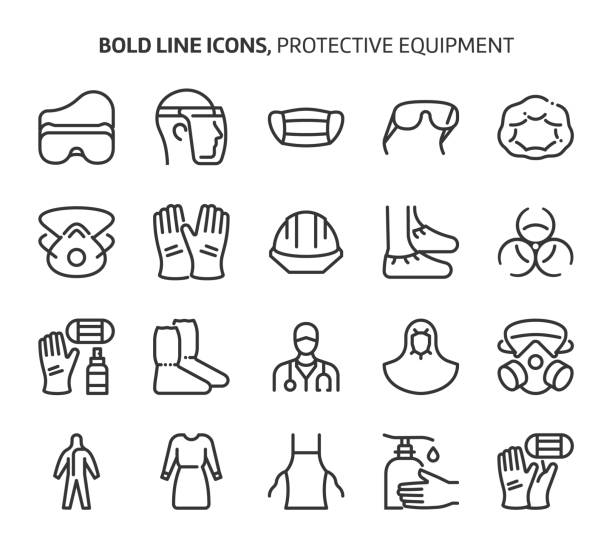 Protective equipment, bold line icons Protective equipment, bold line icons. The illustrations are a vector, editable stroke, 48x48 pixel perfect files. Crafted with precision and eye for quality. safety glasses stock illustrations