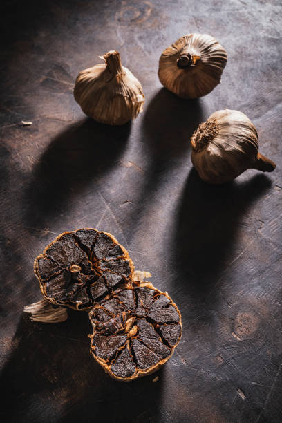 Black garlic made by fermentation.