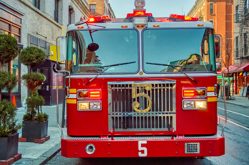 USA, New York , Lower Manhattan, United States, fire truck in town action, FDNY