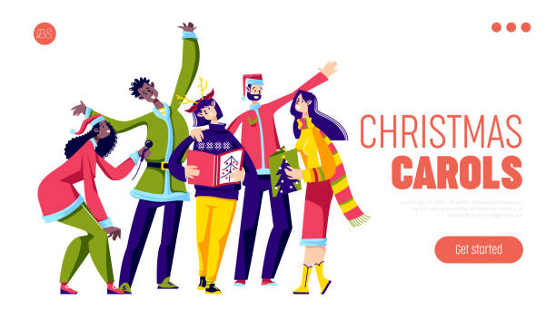 크리스마스 캐롤 노래 하는 사람들의 쾌활한 그룹 - caroler christmas music winter stock illustrations