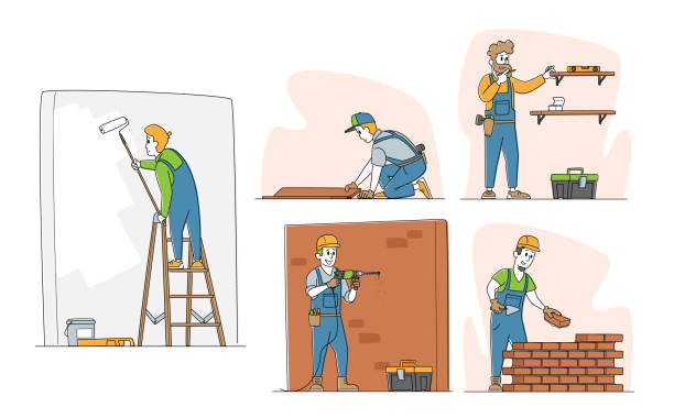 Set of Home Repair Characters. Workers in Robe Carpentry and Maintenance Works Painting and Drilling Wall, Laying Bricks Set of Home Repair Characters. Workers in Robe Carpentry and Maintenance Works Painting and Drilling Wall, Laying Bricks, Fitting Laminate on Floor and Hanging Shelf. Linear People Vector Illustration house painting service stock illustrations