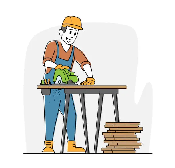 Vector illustration of Carpenter with Circular Saw Working in Workshop. Worker Carpentry Woodwork. Joiner Man Sawing Planks on Wooden Table
