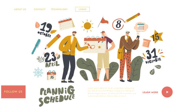 ilustraciones, imágenes clip art, dibujos animados e iconos de stock de los personajes usan la plantilla de página de destino del calendario. planificación de la planificación de asuntos, vida y eventos de trabajo reuniones de negocios - deadline urgency calendar women