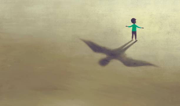 grafika wyobraźni chłopca z cienistym skrzydłem ptaków, malarstwo, ilustracja konceptualna, wolność ambicji życia i koncepcji nadziei, surrealistyczne marzenie dziecka - courage stock illustrations