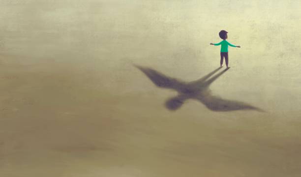 ilustrações de stock, clip art, desenhos animados e ícones de imagination artwork of boy with shadow bird wing, painting art, conceptual illustration,  freedom  ambition life and hope concept,  surreal child dream - courage