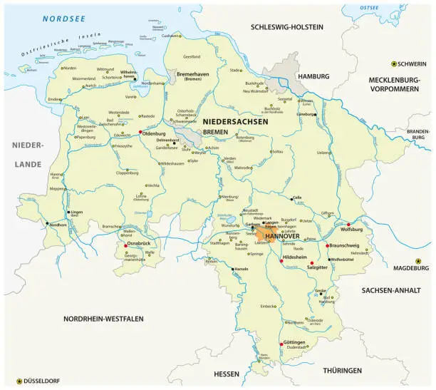 Vector illustration of vector map of the state of Lower Saxony in german language, Germany