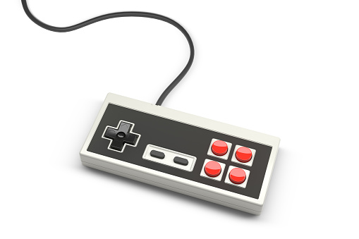 Retro computer gaming controller joystick with red and black buttons on a white background, concept of vintage rectangular gamepad. 3d render and illustration.