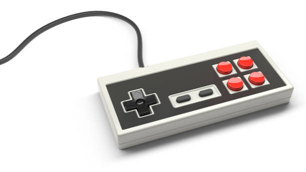 retro-computer-gaming-controller-joystick auf weißem hintergrund - nerd technology old fashioned 1980s style stock-fotos und bilder