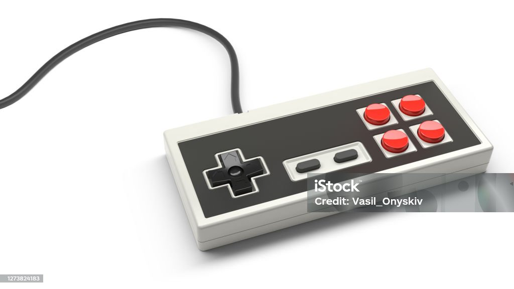 Retro computer gaming controller joystick on a white background Retro computer gaming controller joystick with red and black buttons on a white background, concept of vintage rectangular gamepad. 3d render and illustration. Retro Style Stock Photo