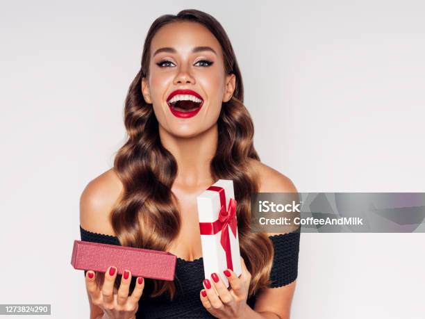 Beautiful Woman With Present Stock Photo - Download Image Now - Christmas, Women, Gift