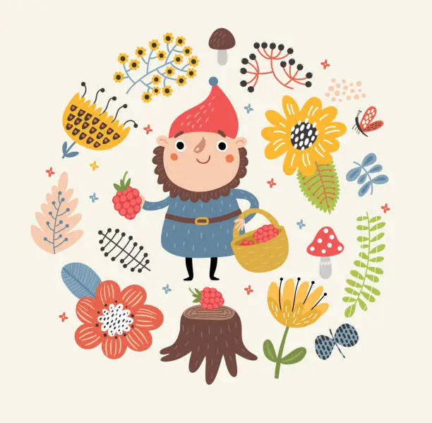Vector illustration of Cute, funny gnomes. Illustration, vector set