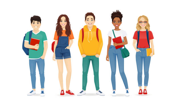 Multiethnic young people in casual clothes Multiethnic young people in casual clothes with backbackpacks and books. Asian, african and caucasian students standing isolated vector illustration girls illustrations stock illustrations
