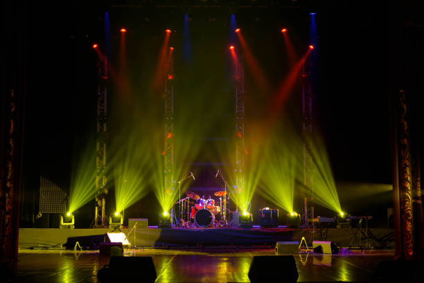 istock The light of searchlights in smoke on stage. 1273830925
