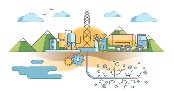 illustrazioni stock, clip art, cartoni animati e icone di tendenza di fratturazione idraulica come concetto di contorno della tecnica di estrazione di petrolio e gas - fracking exploration gasoline industry