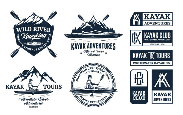 ilustrações de stock, clip art, desenhos animados e ícones de set of vector kayaking symbol, badges and design elements - canoe canoeing paddling oar