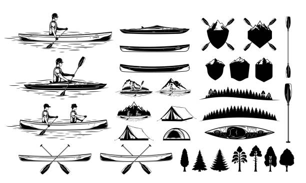 illustrazioni stock, clip art, cartoni animati e icone di tendenza di set di illustrazioni vettoriali di kayak e canoa ed elementi di design - canoeing