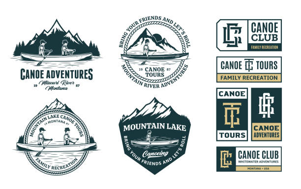 ilustrações de stock, clip art, desenhos animados e ícones de set of vector canoeing symbol, badges and design elements - canoe canoeing paddling oar