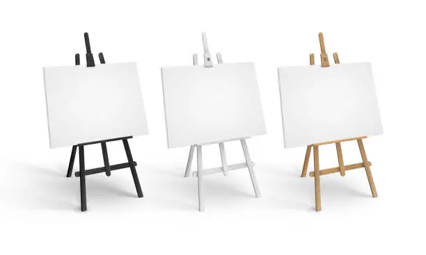 Vector illustration of Vector Set of White Black Brown Sienna Wooden Easels in Perspective with Mock Up Empty Blank Canvases Isolated on Background