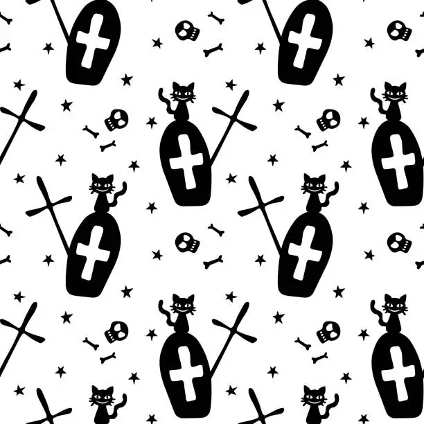 Vector illustration of Happy Halloween. Seamless pattern of Graves, Tombstone, crosses, bones and black cats. Night at the cemetery, isolated. Vector holiday backgrounds and textures