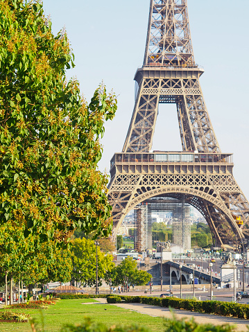 View on the Eiffel Tower from Trocadero Esplanade in Autumn.