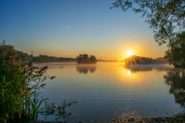 Manvers Lake Misty Morning Sunrise stock photo