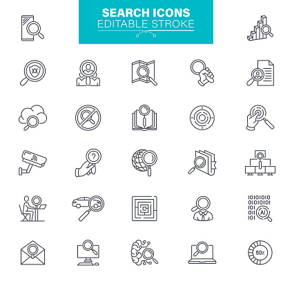 Magnifying Glass, Searching, Recruiting, Job Search, USA, Data, Outline Icon Set