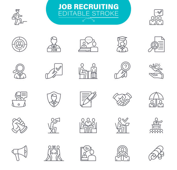 Job Recruitment Icons Editable Stroke. The set contains icons as Job Search, Resume, Job Interview, Diploma, Education, Application Form Recruiting, Job Search, Job Listing, USA, Safety, Data, Outline Icon Set interview event icons stock illustrations