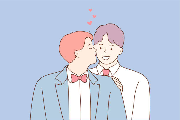 Wedding, love, feeling, lgbt, marriage concept Wedding, love, feeling, lgbt concept. Young happy smiling cheerful newlywed gay coule men boys guys grooms cartoon characters stand together kissing. Celebration of homosexual marriage illustration. gay wedding kiss stock illustrations