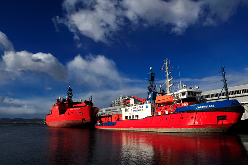 Hobart, Australia, May 19, 2016: Ice-Breaker's L Astrolabe (now known as YWAM Liberty) and Aurora Australis (soon to be replaced by the Nuyina) are berthed in the Winter Months at its Hobart Dock.
