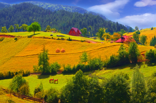 Landscape painting showing village on a sunny day.