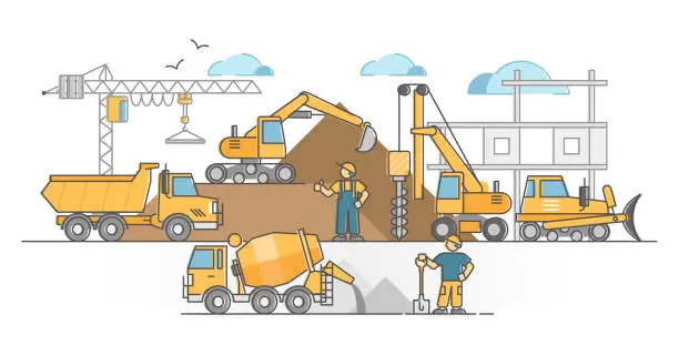 Vector illustration of Heavy machinery as construction site duty executing vehicles outline concept